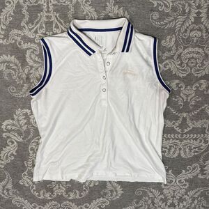 Kate Lord Women's XL Sleeveless Polo Shirt White Blue Trim Casual